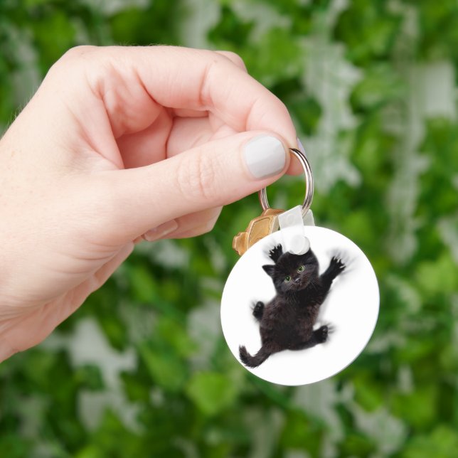 Black Cat Climbing On Human Back Key Ring (Hand)