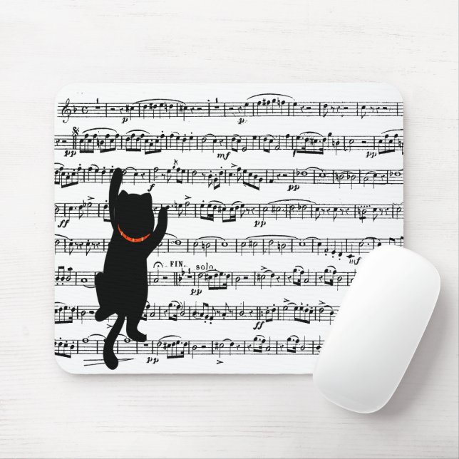 Black Cat Climbing On Music Mouse Mat (With Mouse)