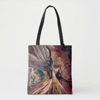Black Cat Climbing Tree Design Tote Bag