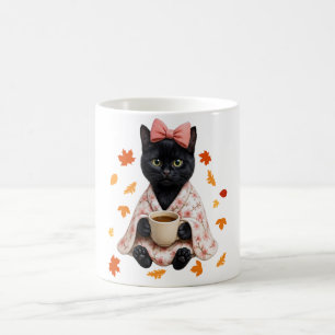 Black Cat Coffee Lover Autumn Cherry Blossom Mug