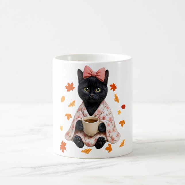 Black Cat Coffee Lover Autumn Cherry Blossom  Mug (Center)