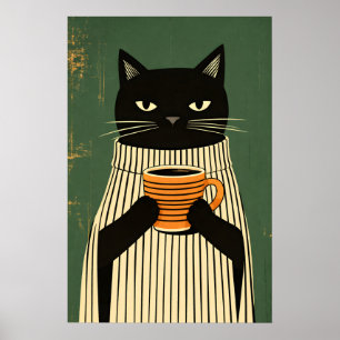 Black Cat Coffee Poster, Minimalist Cat Wall Art