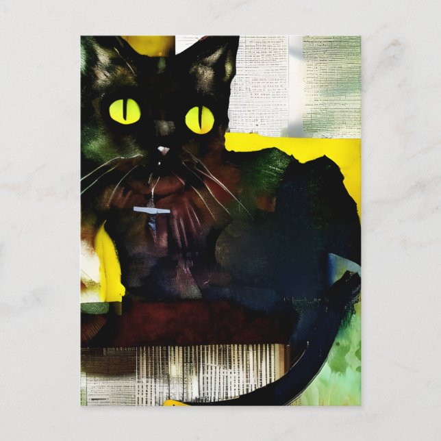 Black Cat Collage Painting Postcard (Front)