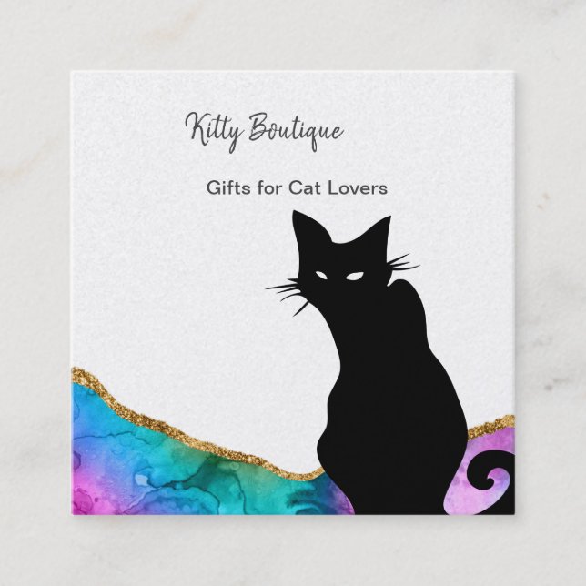 Black Cat Colourful Abstract Square Business Card (Front)
