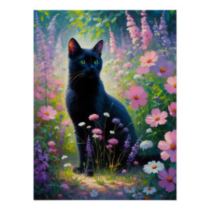 Black Cat Colourful Wildflowers Decoupage Poster