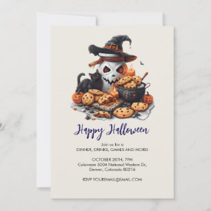 Black Cat, Cookies and Spooky White Jar, Halloween Invitation