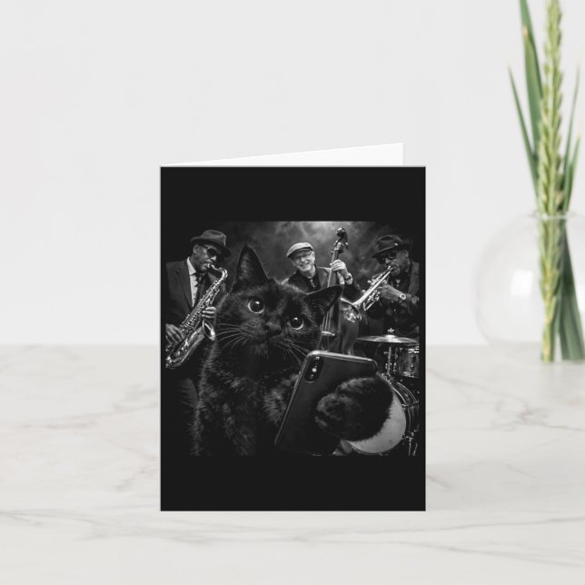 Black Cat Cool Jazz Band Selfie Graphic Card (Front)