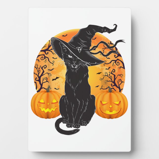 Black Cat Costume Scary Halloween Witch Hat Moon G Plaque (Front)