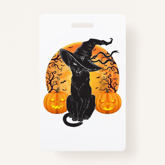 Black Cat Costume Scary Halloween Witch Hat _Moon  ID Badge (Front)