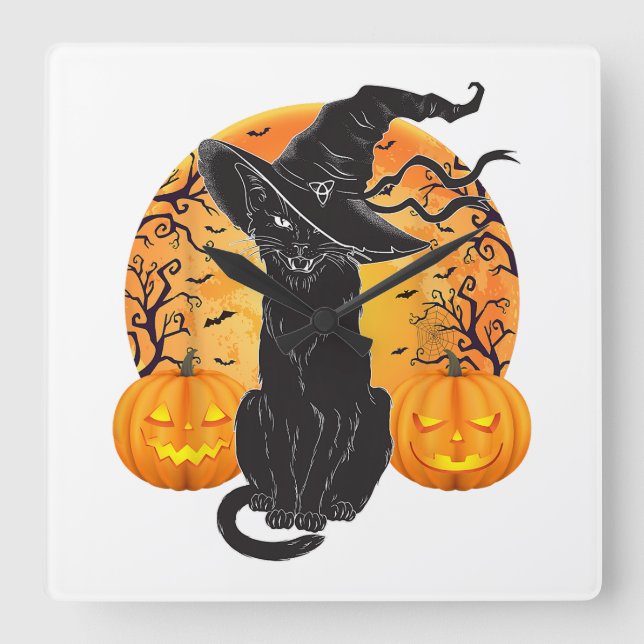 Black Cat Costume Scary Halloween Witch Hat _Moon  Square Wall Clock (Front)