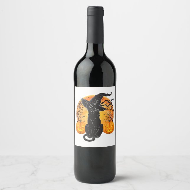 Black Cat Costume Scary Halloween Witch Hat _Moon  Wine Label (Front)