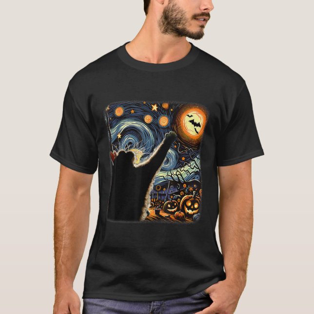 Black Cat Costume Van Gogh Starry Night Funny Cat  T-Shirt (Front)