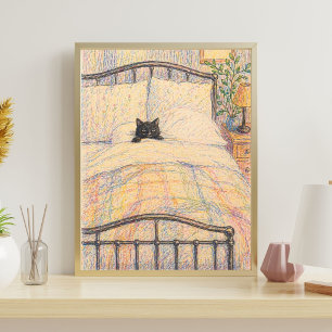Black Cat Cosy Bed Illustration Poster