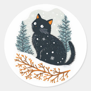 Black cat cosy winter snow classic round sticker