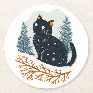 Black cat cosy winter snow round paper coaster