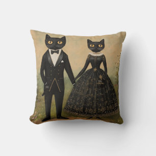 Black cat couple vintage folk art gothic victorian cushion
