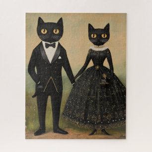 Black cat couple vintage folk art gothic victorian jigsaw puzzle