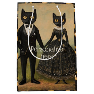 Black cat couple vintage folk art gothic victorian medium gift bag