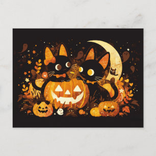 Black Cat Couple with Pumpkins and Moon Holiday Postcard