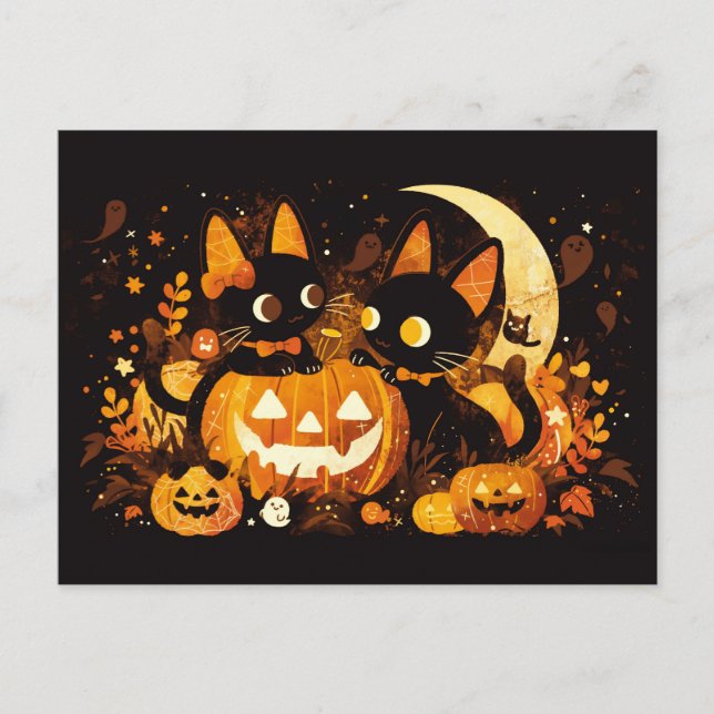 Black Cat Couple with Pumpkins and Moon Holiday Postcard (Front)
