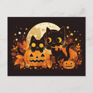 Black Cat Couple with Pumpkins and Moon Holiday Postcard
