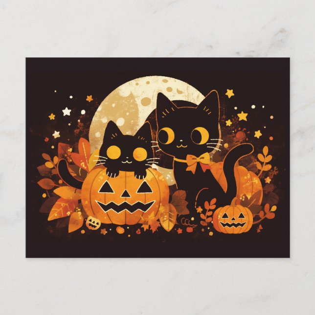 Black Cat Couple with Pumpkins and Moon Holiday Postcard (Front)