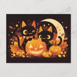Black Cat Couple with Pumpkins and Moon Holiday Postcard