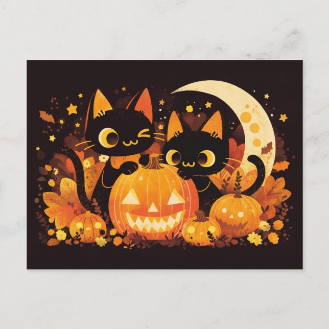 Black Cat Couple with Pumpkins and Moon Holiday Postcard (Front)