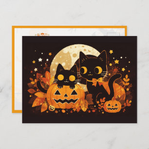 Black Cat Couple with Pumpkins and Moon Postcard
