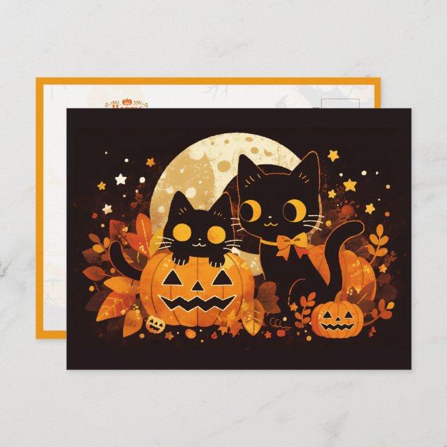 Black Cat Couple with Pumpkins and Moon Postcard (Front/Back)