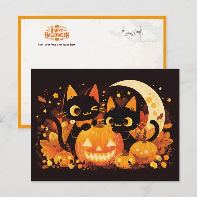 Black Cat Couple with Pumpkins and Moon Postcard (Front/Back)