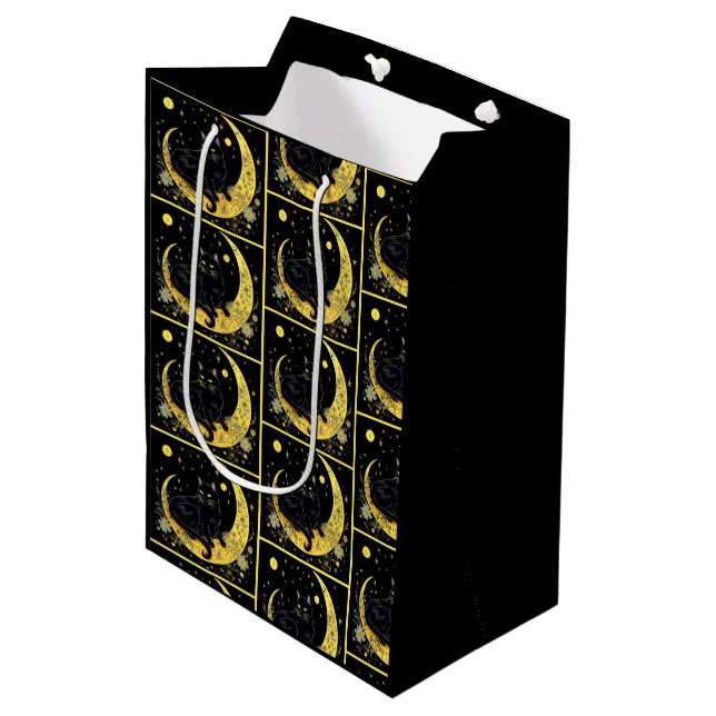 Black Cat Crescent Moon Floral Gold Halloween Medium Gift Bag (Front Angled)