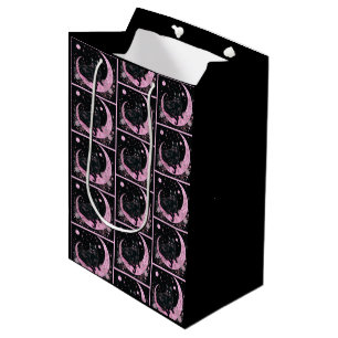 Black Cat Crescent Moon Floral Pink Halloween Medium Gift Bag