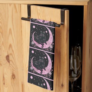 Black Cat Crescent Moon Floral Pink Halloween Tea Towel