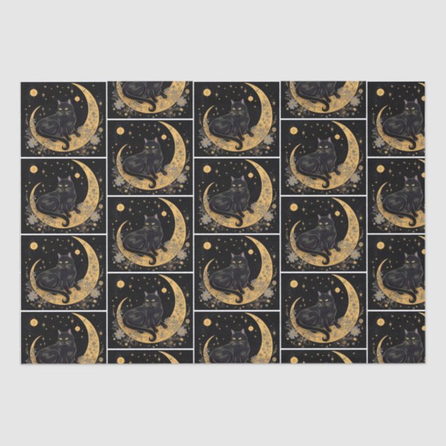 Black Cat Crescent Moon Floral White Halloween Tissue Paper (Front)