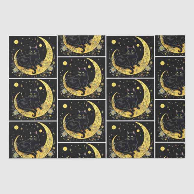 Black Cat Crescent Moon Floral White Halloween Tissue Paper (Front)