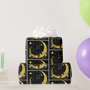 Black Cat Crescent Moon Floral White Halloween Wrapping Paper
