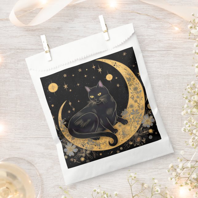 Black Cat Crescent Moon Flowers Happy Halloween Favour Bags (Clipped)