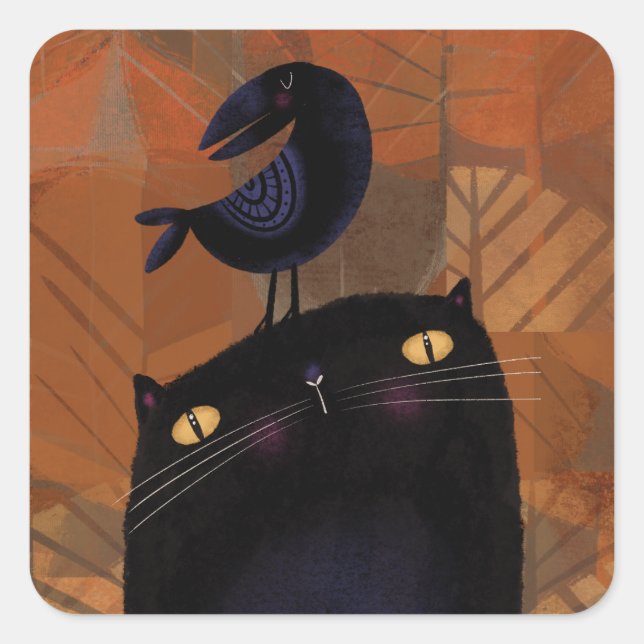Black Cat & Crow Square Sticker (Front)