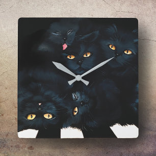 Black Cat Cuddle Square Wall Clock