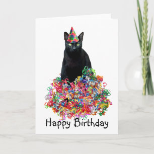 Black Cat Curly Ribbons Birthday Card