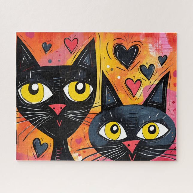 BLACK CAT CUTE ART JIGSAW PUZZLE (Horizontal)