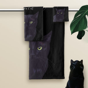 Black Cat Cute Green Eyes Bath Towel Set