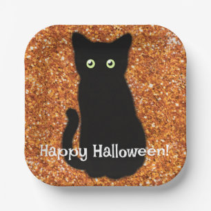 Black cat, cute kitten, sparkling orange glitter paper plate