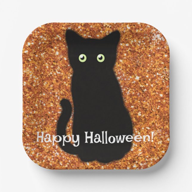 Black cat, cute kitten, sparkling orange glitter   paper plate (Front)