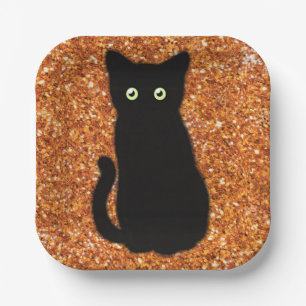 Black cat, cute kitten, sparkling orange glitter paper plate