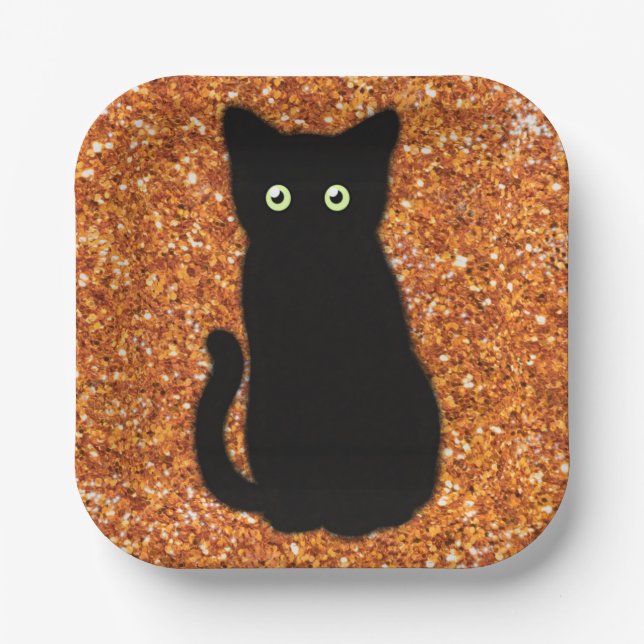 Black cat, cute kitten, sparkling orange glitter   paper plate (Front)