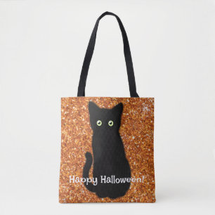 Black cat, cute kitten, sparkling orange glitter   tote bag