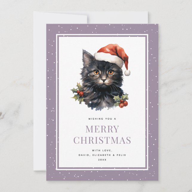 Black Cat Cute Purple Merry Christmas Card (Front)