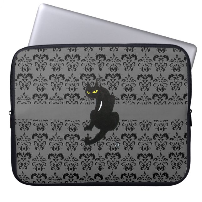 BLACK CAT DAMASK black grey Laptop Sleeve (Front)